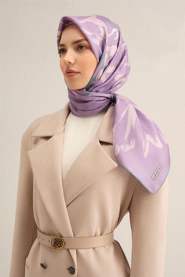 Desenli Saf Ipek Twill Eşarp 9322- 57 - 2