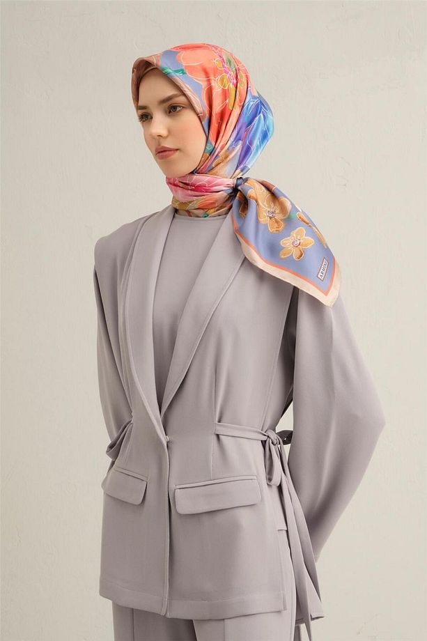 Desenli Saf Ipek Twill Eşarp 9318- 07 - 2