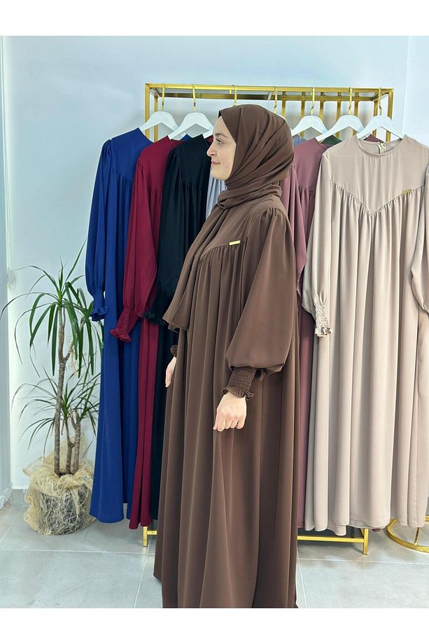 şallı takım,tesettür önü V model büzgülü elbise,abaya hijab,ferrace hac ve umre ıcınde uygun kahve - 5