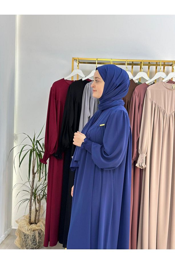 şallı takım,tesettür önü V model büzgülü elbise ,abaya hijab,ferrac hac ve umre ıcınde uygun indigo - 3