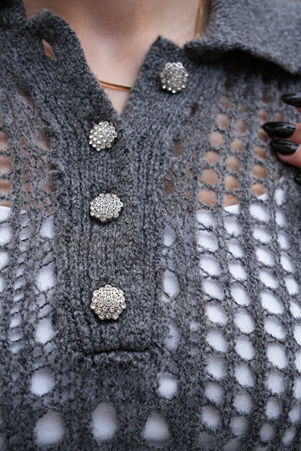 Gri Örme Delikli Kazak - 3