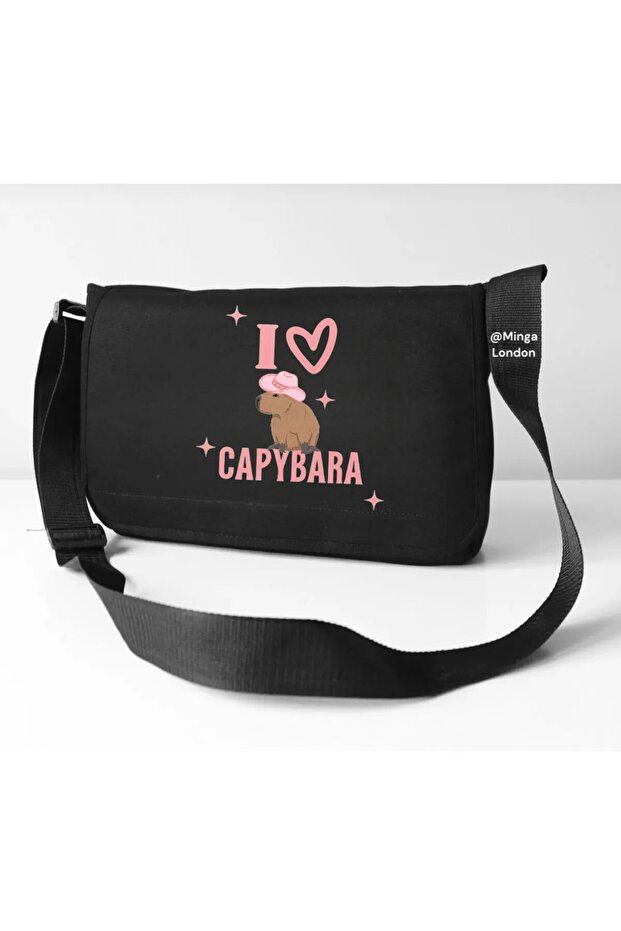 حقيبة مدرسية سوداء اللون I Love Capybara للمدرسة والدورة والدريس