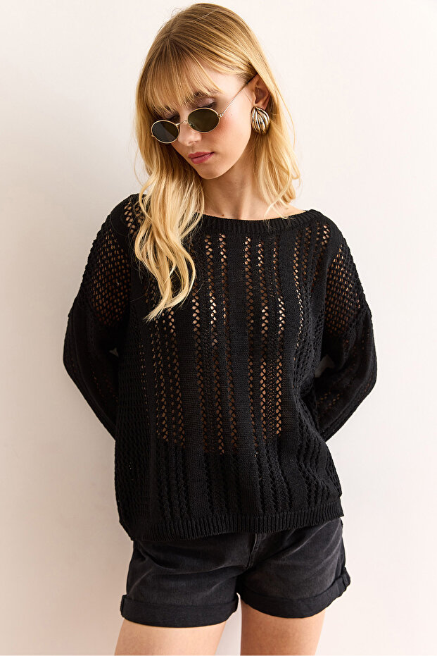 Women's Black Openwork Relaxed Fit Seasonal Knitwear Blouse Blz-19002980
