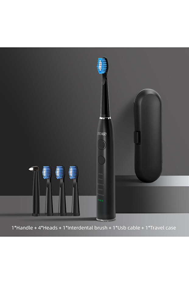 575 Black Seago Electric Toothbrush USB Rechargeable Adult 360 Days Long Battery Life IPX7 4 Replace