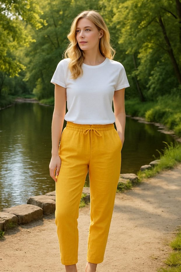 Yellow 100% Cotton Skinny Leg Women's Muslin Trousers