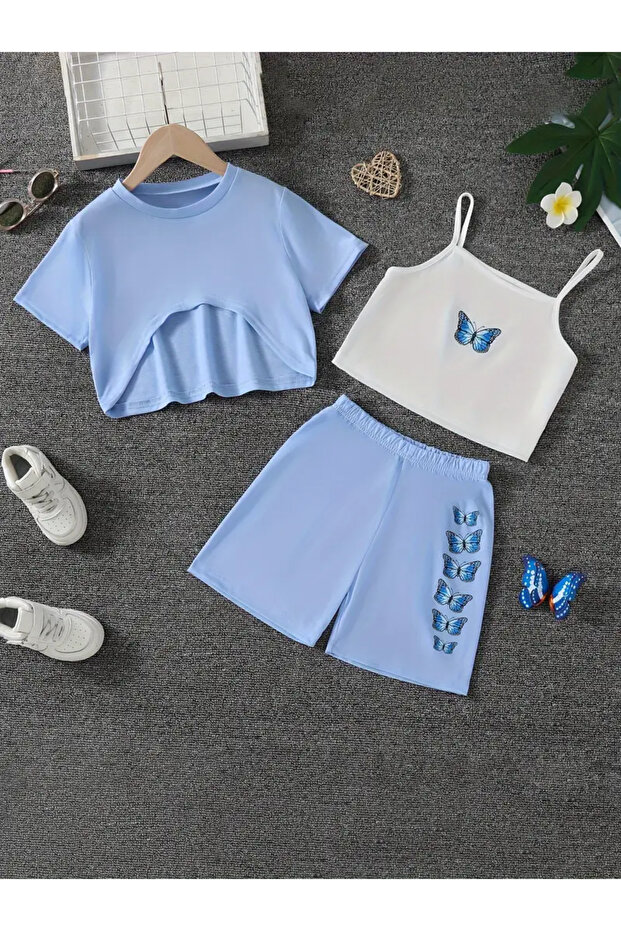Girl's Blue Butterfly Printed Crop T-Shirt - Shorts Set