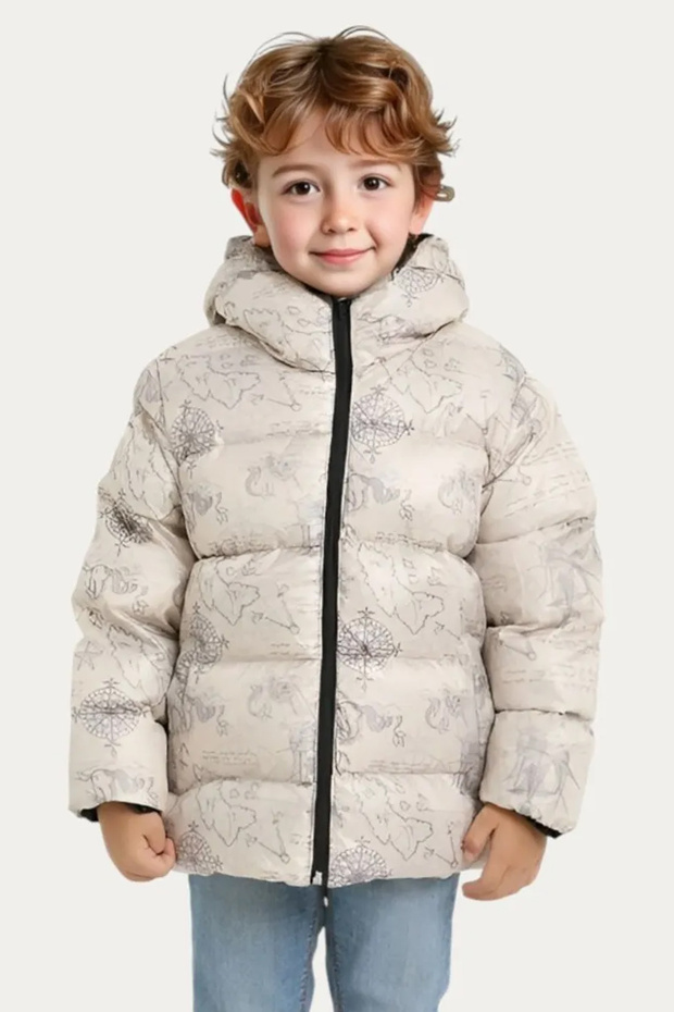 Boy's Beige Compass Pattern Fleece Water and Windproof Hooded Puffer Winter Coat with Pockets