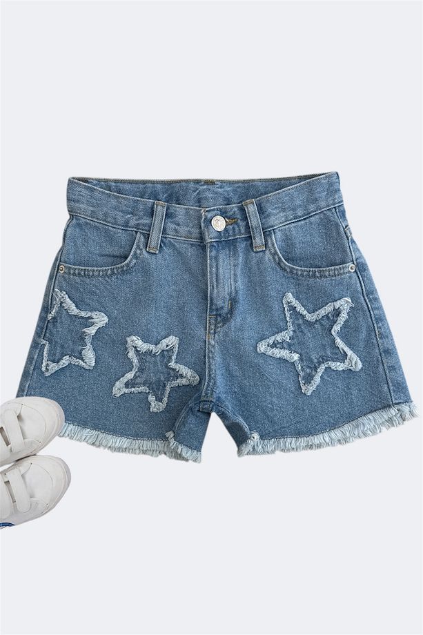 3-8 Yaş Kız Çocuk Kot Yıldızlı Denim Şort - 1