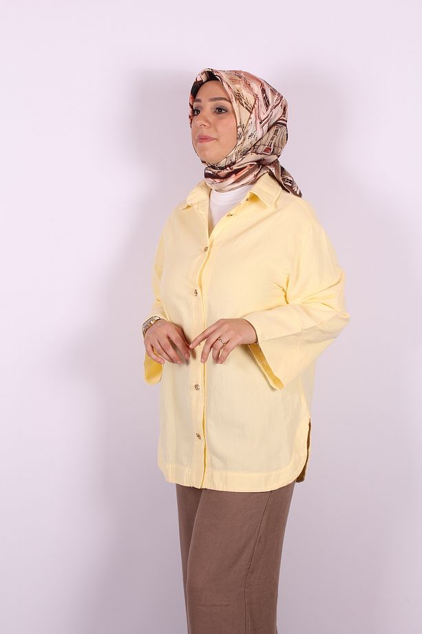 Geniş Kalıp Sarı Keten Gömlek - 5