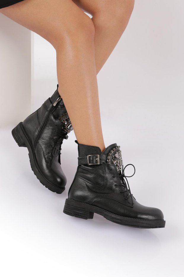 Women's Blunt Toe Stone Side Belt Buckle Boots 32332182742847