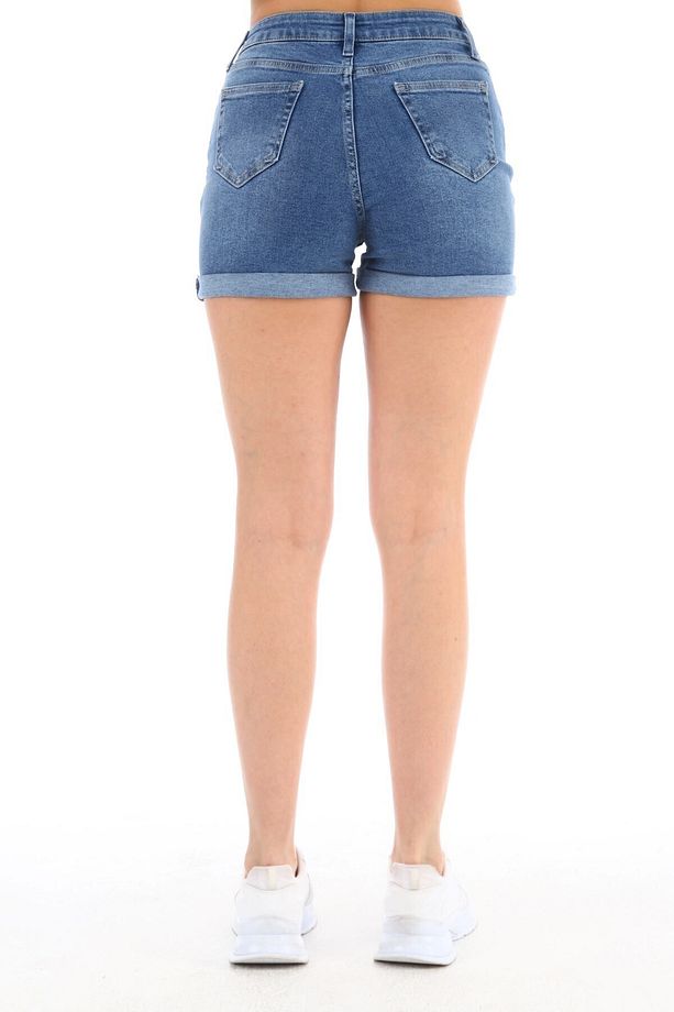 Kadın Yüksek Bel Duble Paça Kot Şort Klasik Mini Jean Şort C604 - 7