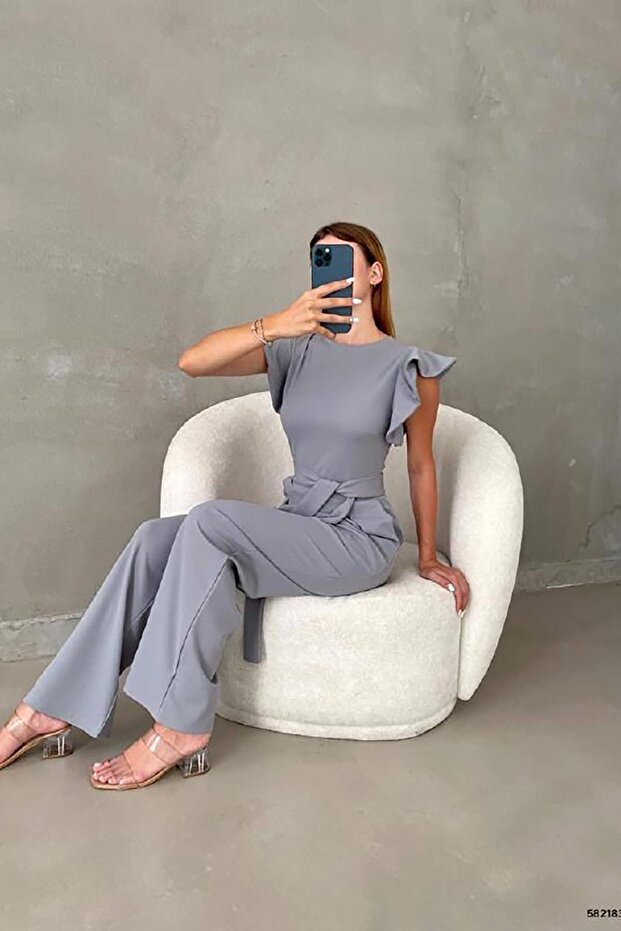 Gray Crepe Fabric Sleeves Flywheel Detail Belted Jumpsuit