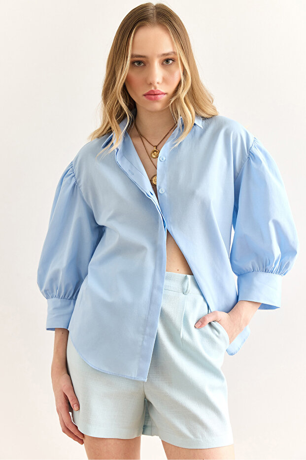 Women's Blue Hidden Placket Balloon Sleeve Terry Cotton Shirt Gml-19001280