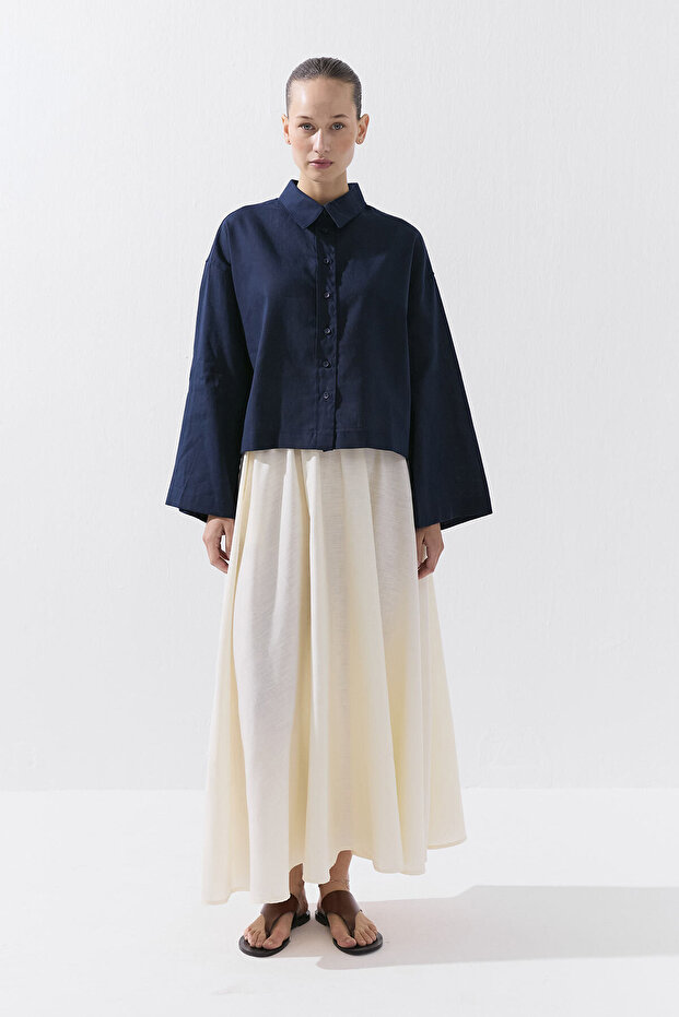 Lyocell Keten Basic Kısa Lacivert Gömlek - 3