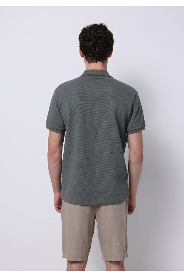 Regular Fit Polo Yaka Jakarlı Erkek Yeşil Kısa Kol Tişört - 2
