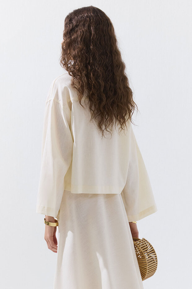 Lyocell Keten Basic Kısa Ekru Gömlek - 6