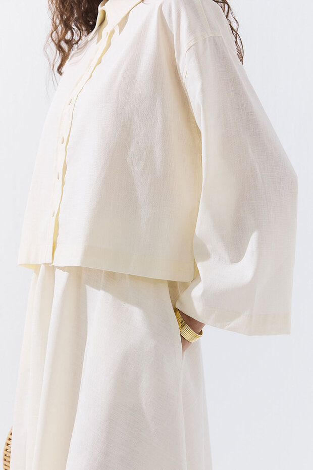 Lyocell Keten Basic Kısa Ekru Gömlek - 7