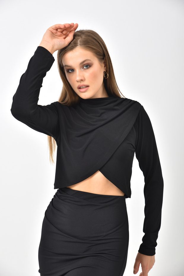 Black Double Breasted Long Sleeve Sandy Fabric Blouse