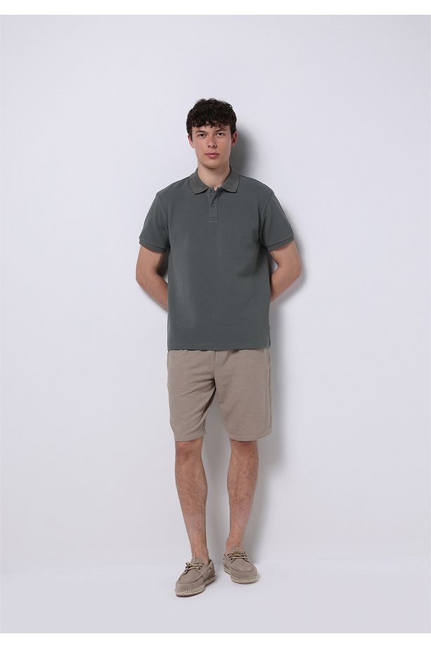 Regular Fit Polo Yaka Jakarlı Erkek Yeşil Kısa Kol Tişört - 3