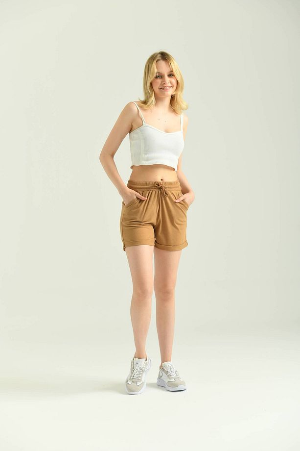 Camel Fitilli Cep Detaylı Örme Şort - 4