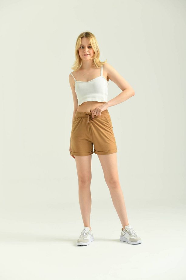 Camel Fitilli Cep Detaylı Örme Şort - 1
