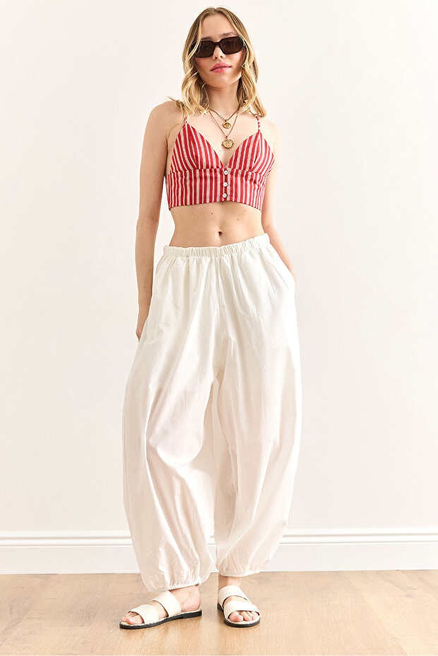 Women's White Pocket Lined Shalwar Trousers Pnt-19000348