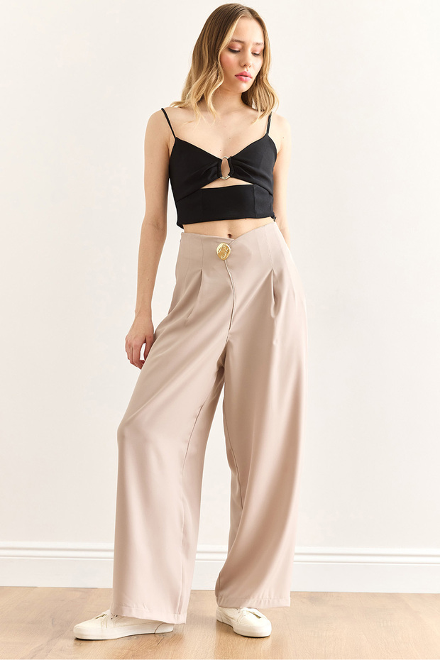 Women's Stone Button Detailed Zippered Flowy Wide Leg Pants Pnt-19000346