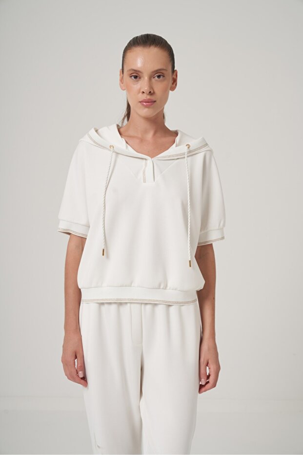 Kapüşonlu Kısa Kol Sweatshirt - 1