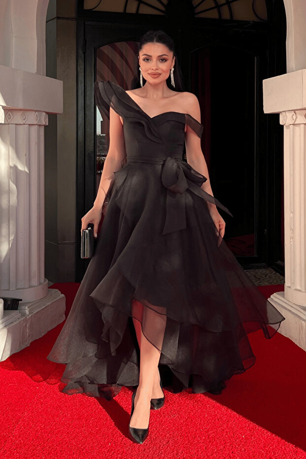Organza Fabric Layered Evening Dress - Black