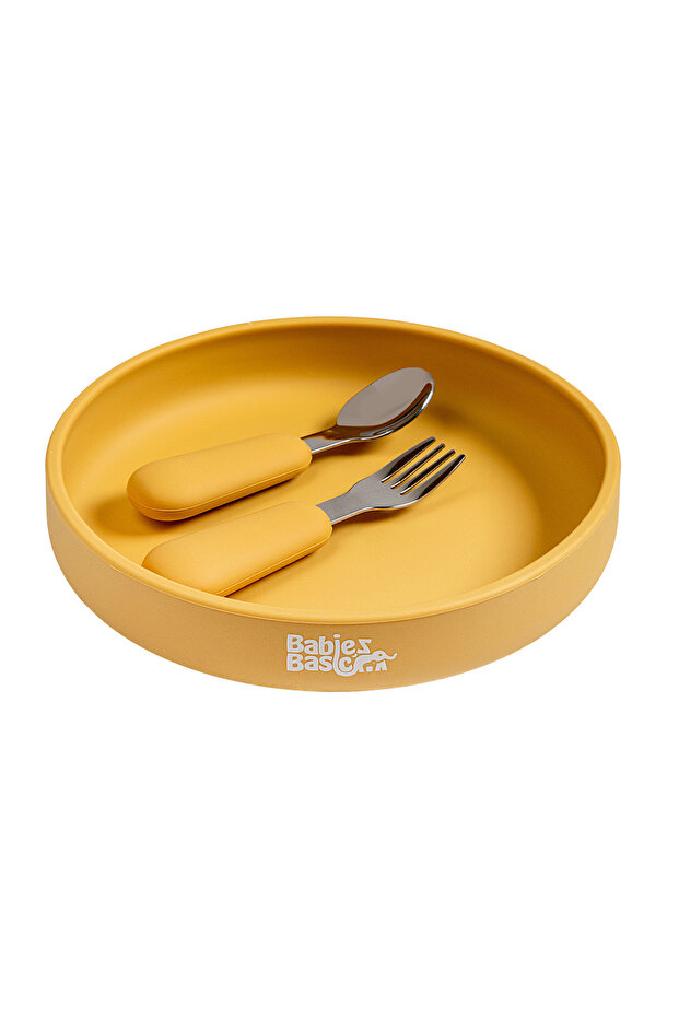 Silicone Feeding Set with Silicone Suction Plate, Spoon and Fork - Yellow