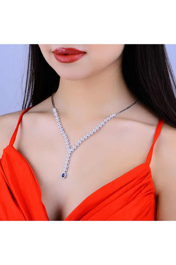 925 Ayar Gümüş Buğday Model Mavi Damla Taşlı Su Yolu Set - 3
