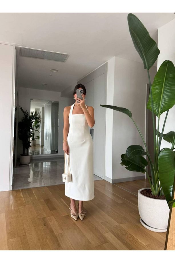 Kadın Halter Yaka Midi Dokuma Elbise - 1