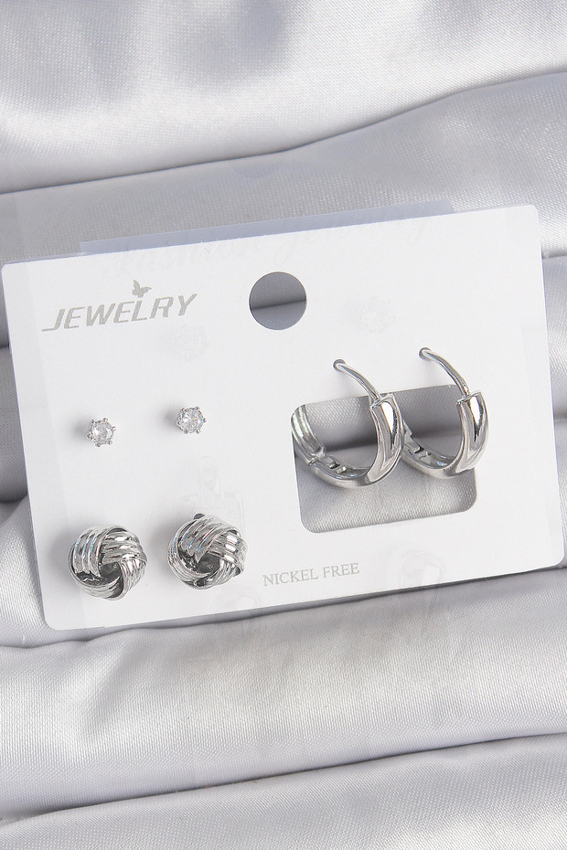 Brass Silver Color Zircon Stone Ring Model 3 Pair Women's Earring Set