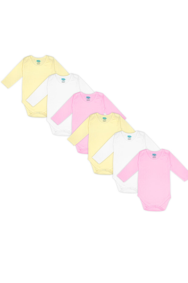 Long Sleeves Romper/Bodysuit. Set of 6 - Pink, Lemon, Cream, 9-12 Months