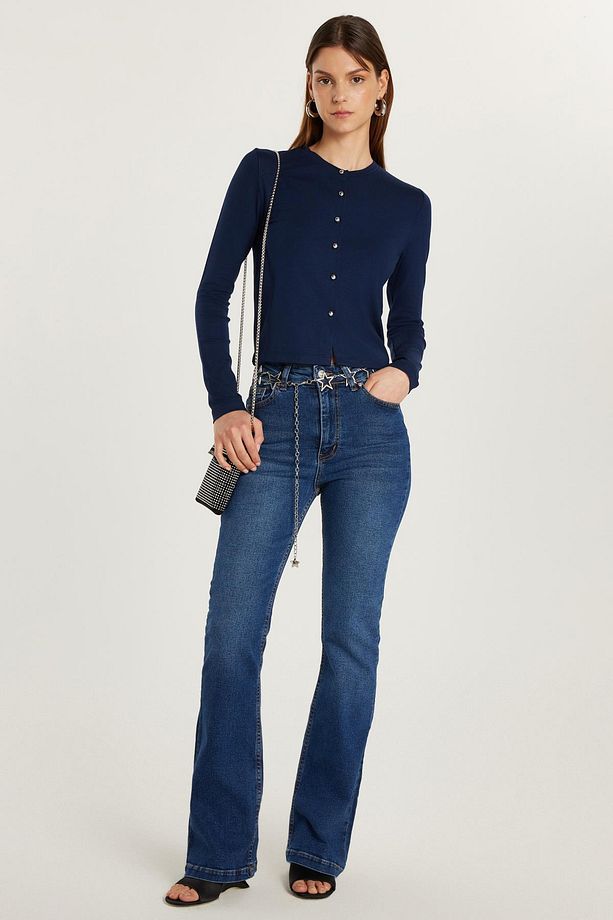 Kadın Regular Fit Likralı Ispanyol Paça Lacivert Jean Kot Pantolon - 3