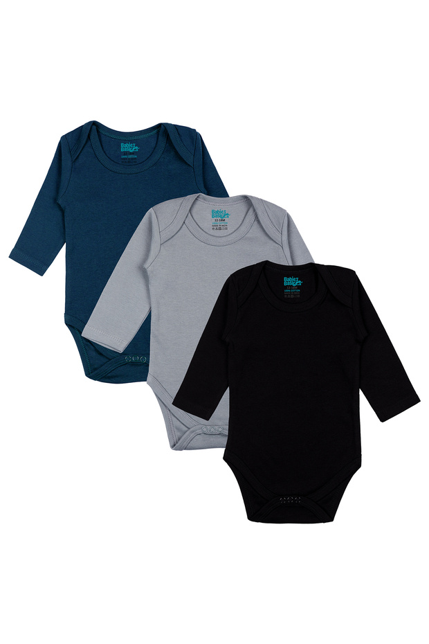 Long Sleeves Romper/Bodysuit. Set of 3 - Black, Navy,Grey, 12-18 Months