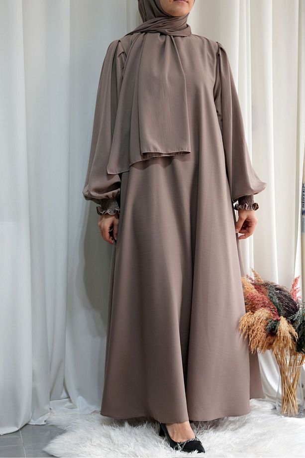 Model Meryem Medine İpeği Çiçek Kol Detaylı Tesettür Elbise (Şal Dahil) - Vizon- MERYEM01019Ş - 4