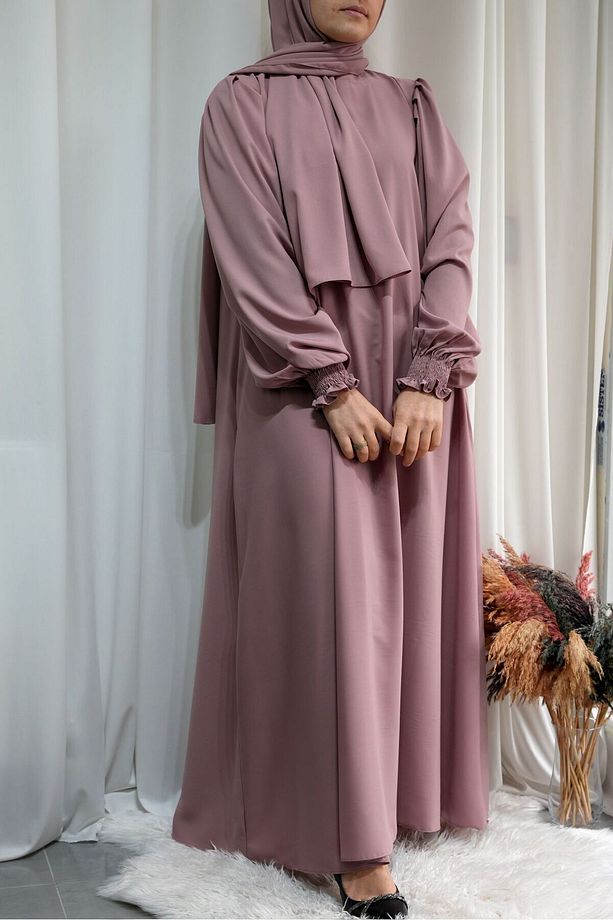Model Meryem Medine İpeği Çiçek Kol Detaylı Tesettür Elbise (Şal Dahil) - Toz Pembe - MERYEM01017Ş - 7