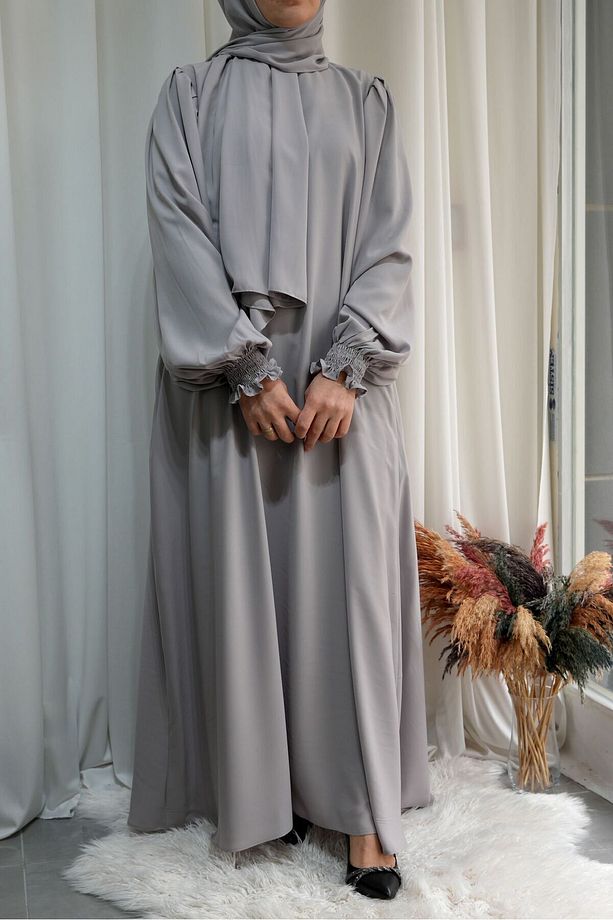 Model Meryem Medine İpeği Çiçek Kol Detaylı Tesettür Elbise (Şal Dahil) - Taş Rengi - MERYEM01007Ş - 4
