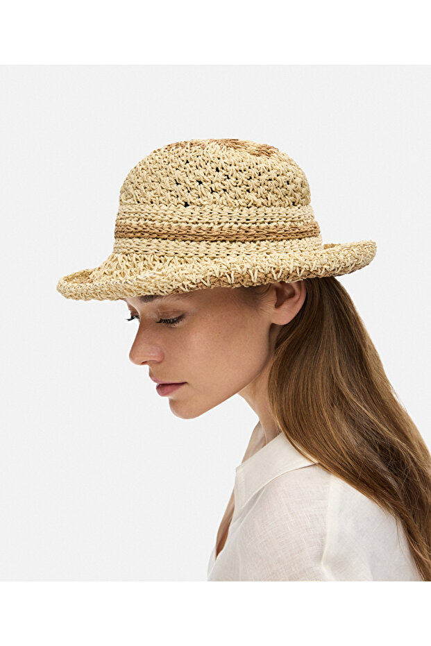 Çizgi şeritli rafya şapka - 2