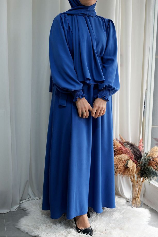 Model Meryem Medine Ipeği Çiçek Kol Detaylı Tesettür Elbise (ŞALSIZ) - Mavi - Meryem01013 - 8