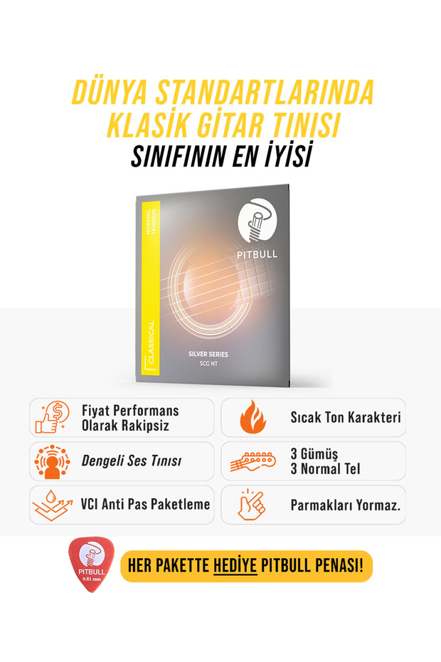 PİTBULL Pitbull Strings Silver Seri Klasik Gitar Takım Teli SCG NT Normal Tansiyon (Pena Hediyeli)