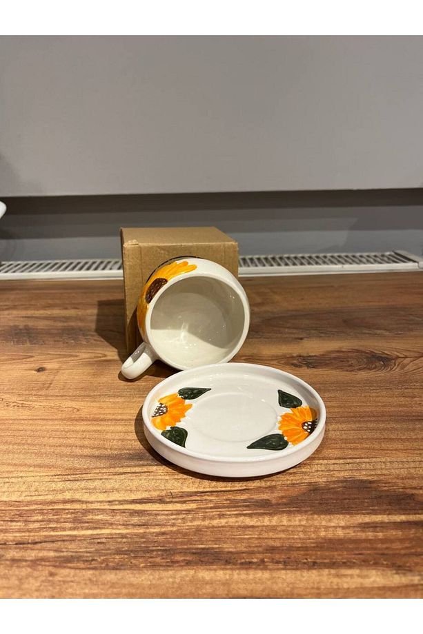 Sarı Çiçek Desenli Tabaklı Seramik Kupa, Mug, Double Türk Kahvesi Filtre kahve - 4