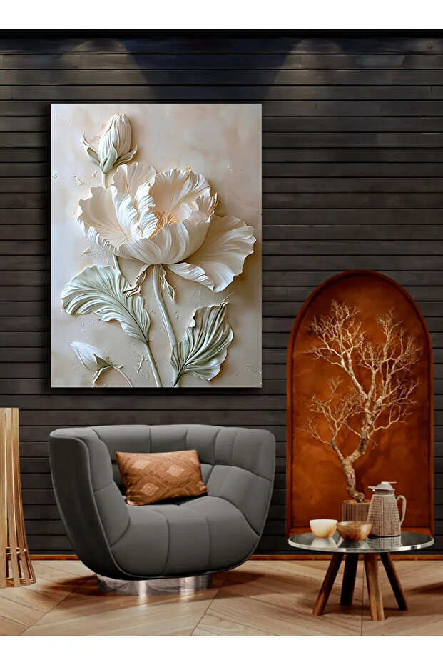Lona Sanat Kabartma Görünümlü Beyaz Çiçek Dekoratif Tablo