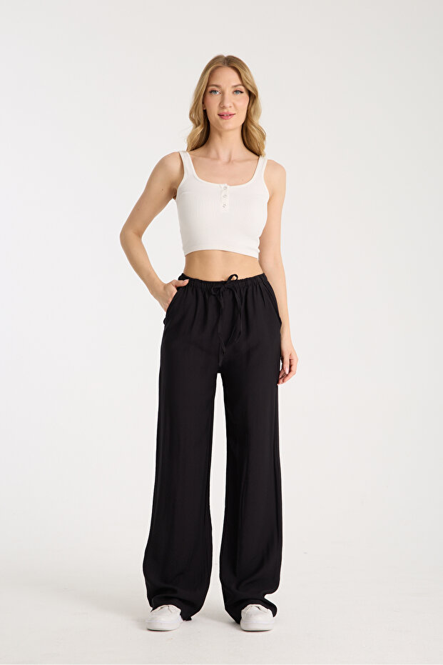 Linen Blend Loose Cut Trousers Black