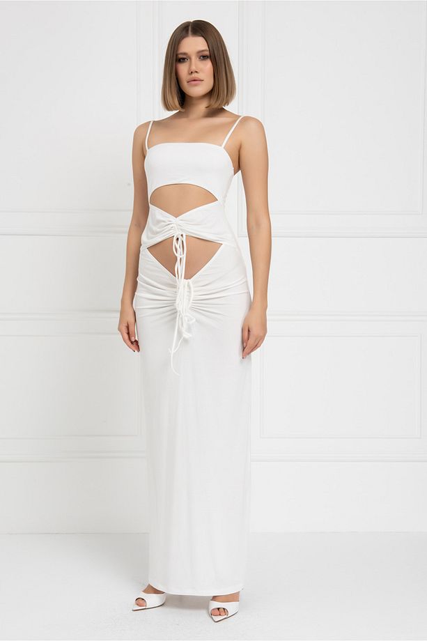 Off white Askılı Göbek Dekolteli Maxi Elbise - 6