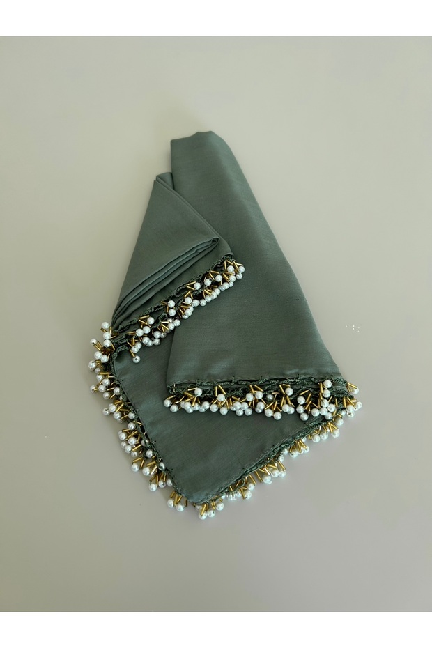Pearl Beaded Gold Hand Embroidered Scarf Writing 100x100cm