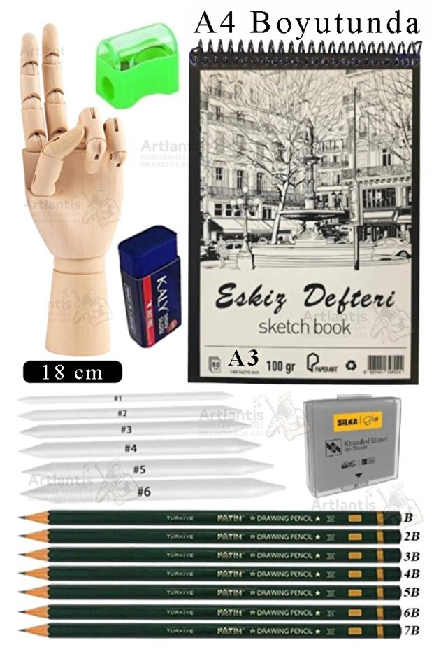Wooden Hand Model 18 cm and A4 Sketchbook Modeling Set 1 Pack Graded Pencil Charcoal Dispensing Ha