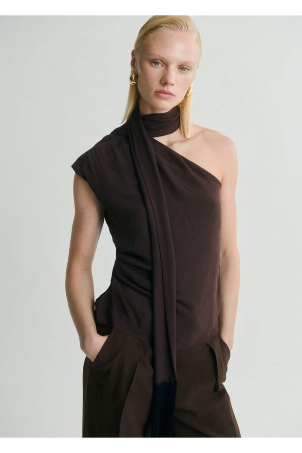 Asymmetrical Blouse with Scarf and Fringe