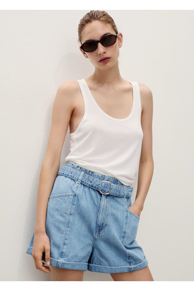 Paperbag Kemerli Denim Şort - 7